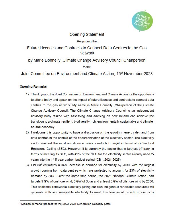 Opening statement to Joint Committee on Environment and Climate regarding future licences and contracts to connect data centres to the gas network